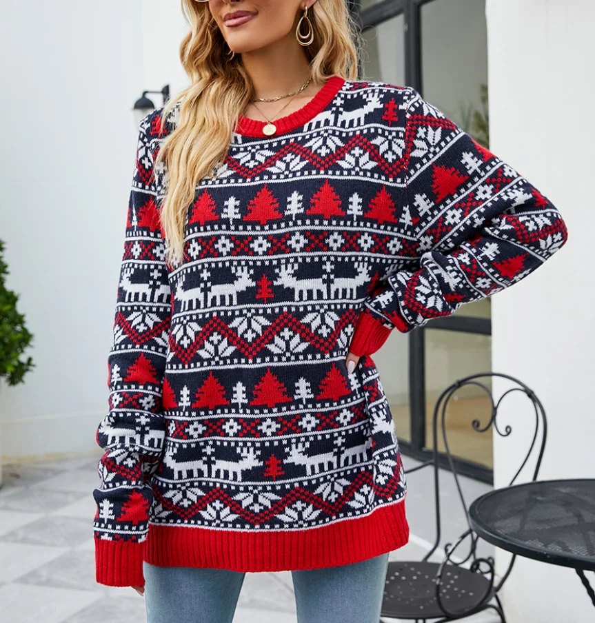 

2025 Christmas Elements Reindeer Embroidery Women's Loose Round Neck Long Sleeved Sweater Winter Casual Loose Knit Sweater