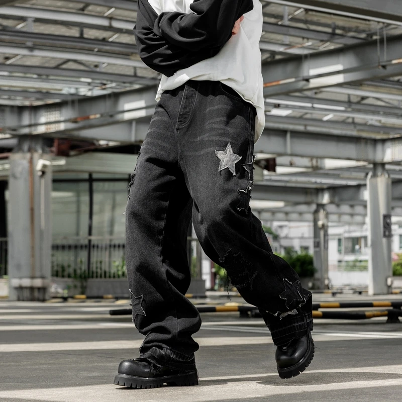 YY18444 جديد شارع العليا شخصية باريس الاتجاه العلامة التجارية الخماسي المطرزة الحرفية فضفاضة مستقيم الساق واسعة الساق الجينز