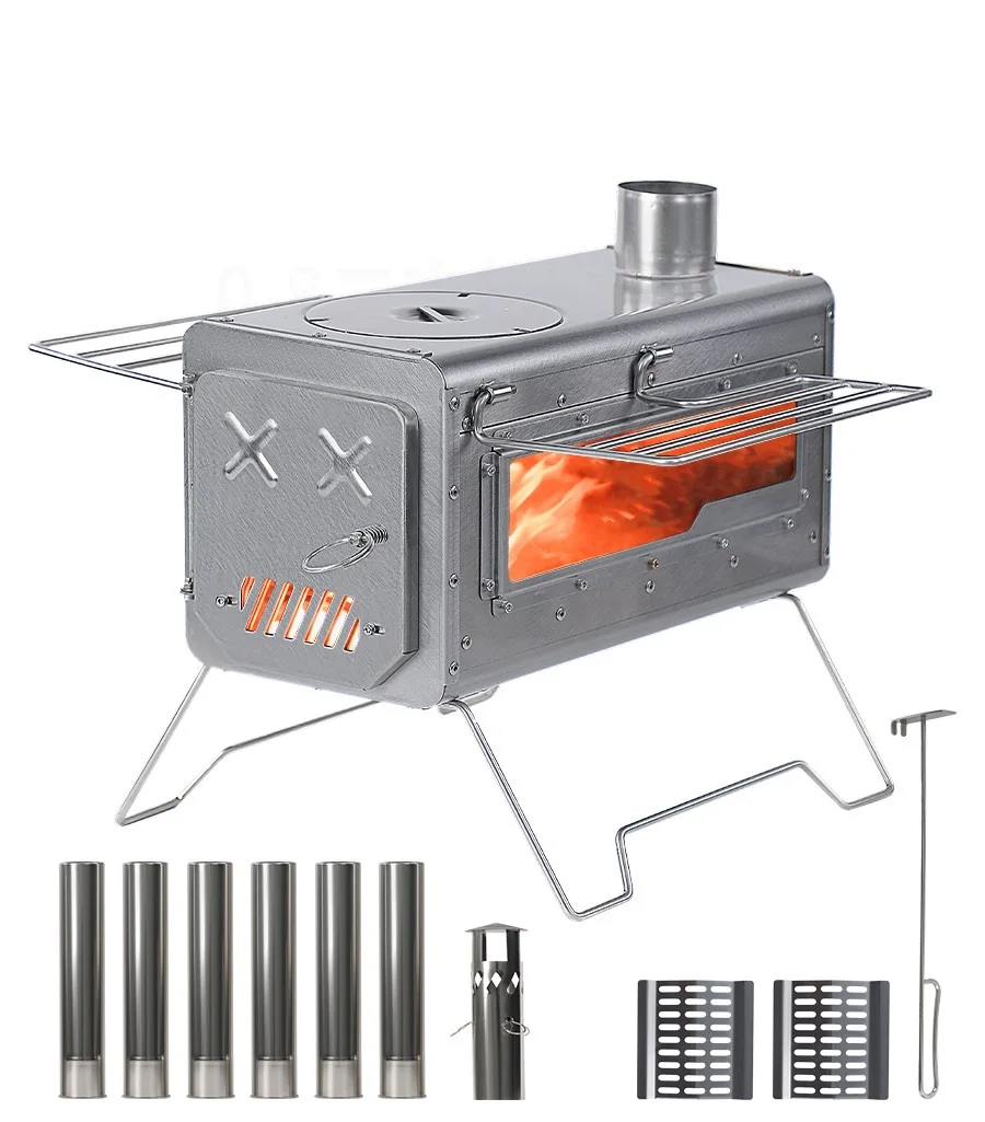 

Stainless Steel Large Stoves Hot Tent Wood Stove with Side Glass Portable Stoves with Pipes for Outdoor Camping Picnic Barbecue