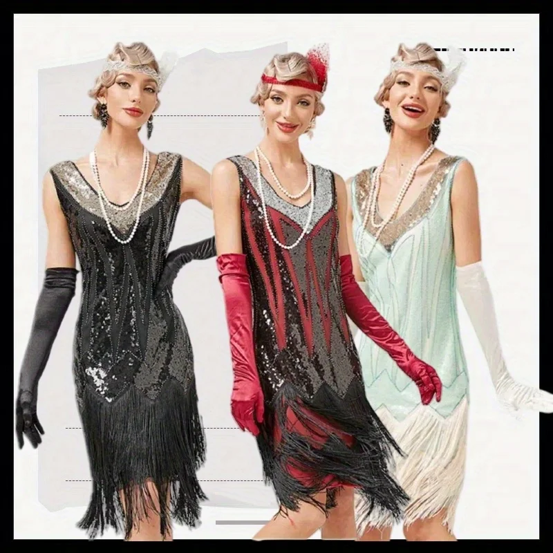 

Halloween Retro 1920S Retro V-neck Tassel Dress Gatsby Costume Latin Dance Bead Dress