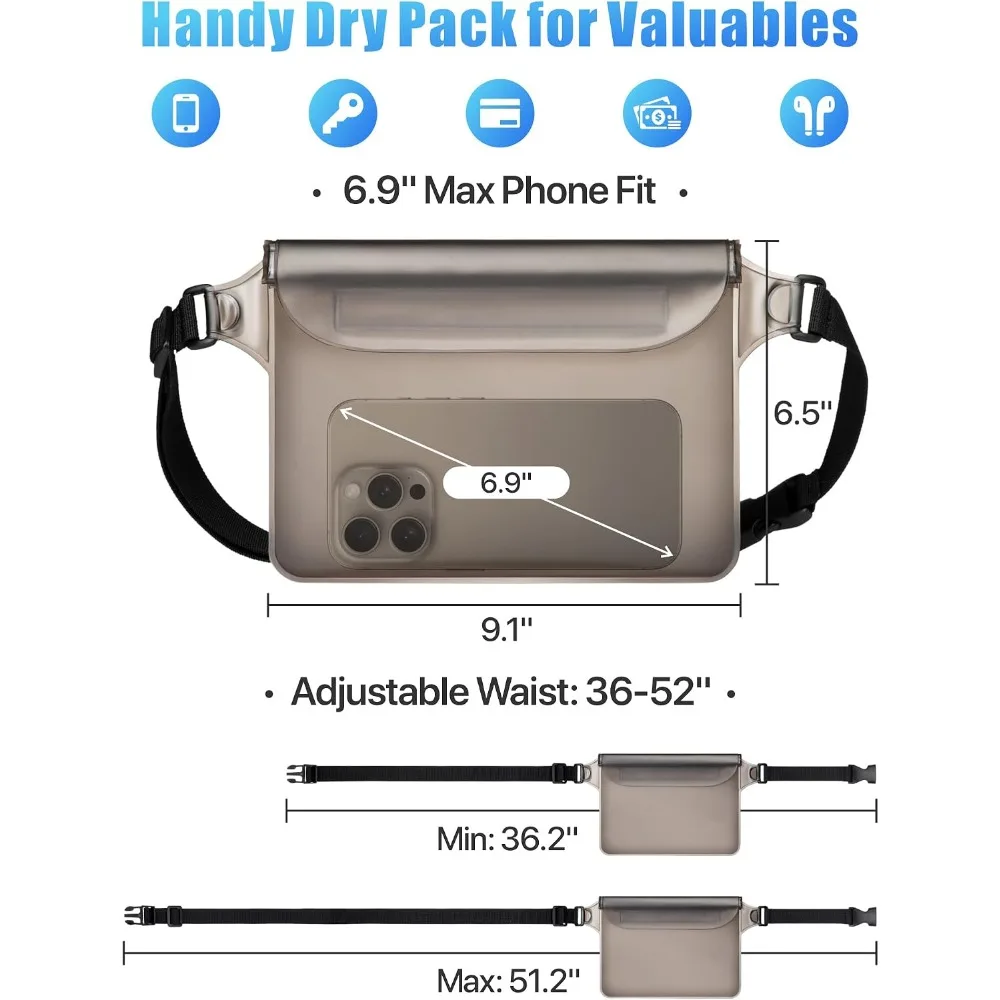 Waterproof Fanny Pack Triple Zipper Roll-Top Dry Bag Adjustable Waist Phone Passport Pouch Beach Kayaking Boating Cruise