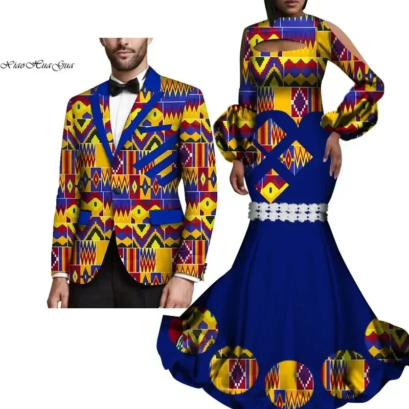 2 Piece Set African Print Couple Clothing for Lovers Men's Blazer Women's Party Maxi Dress Couple Clothes for Wedding 6XL WYQ273