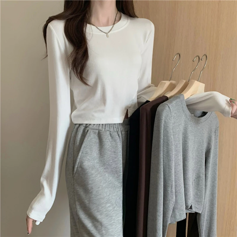 New Spring Fashion Y2K T-shirt Woman Vintage Long Sleeve Tee Shirt Femme Basic Solid Crop Top Women Solid Sexy Clothes Tshirt