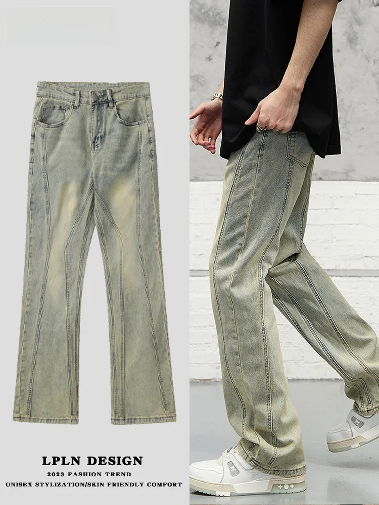 

American Style Mud Dye Micro Flared Jeans High Waist Zipper Closure No Stretch Trendy Youth Casual Long Pants Straight Leg