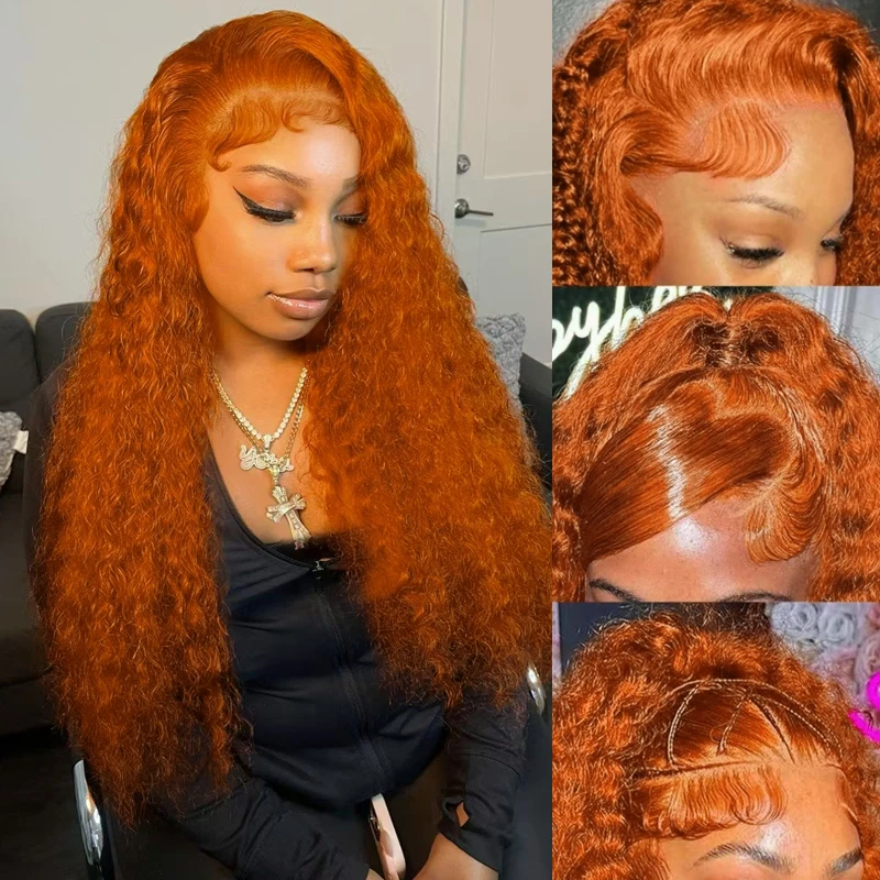 

32-дюймовый рыжий оранжевый глубокая волна Прозрачные парики фронта шнурка Человеческие волосы 200 Плотность 13x6 Волна воды Человеческие волосы Вьющийся парик для женщин