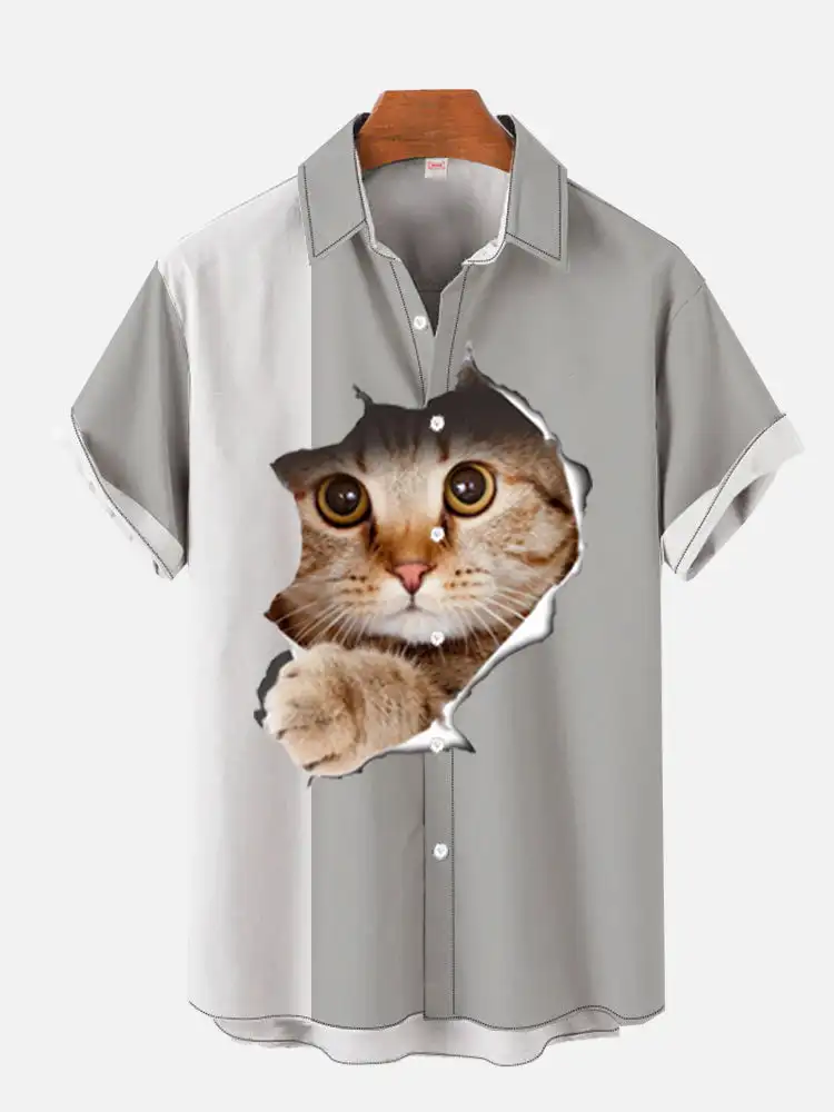 Men's cute cat printed shirts Men's Hawaiian casual shirt 3D printed three-dimensional pattern shirt Summer animal pattern shirt