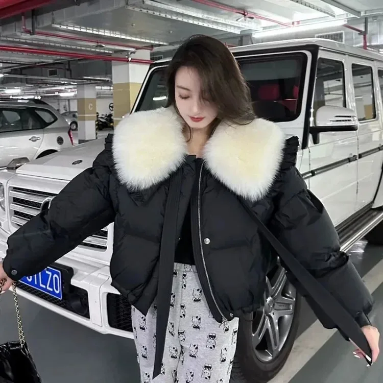 2024 White Duck Down Coat Real Fox Fur Collar Women Short Loose Warm Down Coat Female Office Lady Fashion Casual New Winter