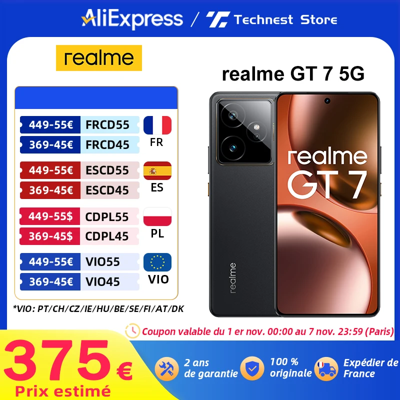 Version mondiale realme GT 7 5G AI Smartphone Mediatek Dimensity 9400e 120HZ AMOLED affichage 7000 mAh batterie 120W charge rapide
