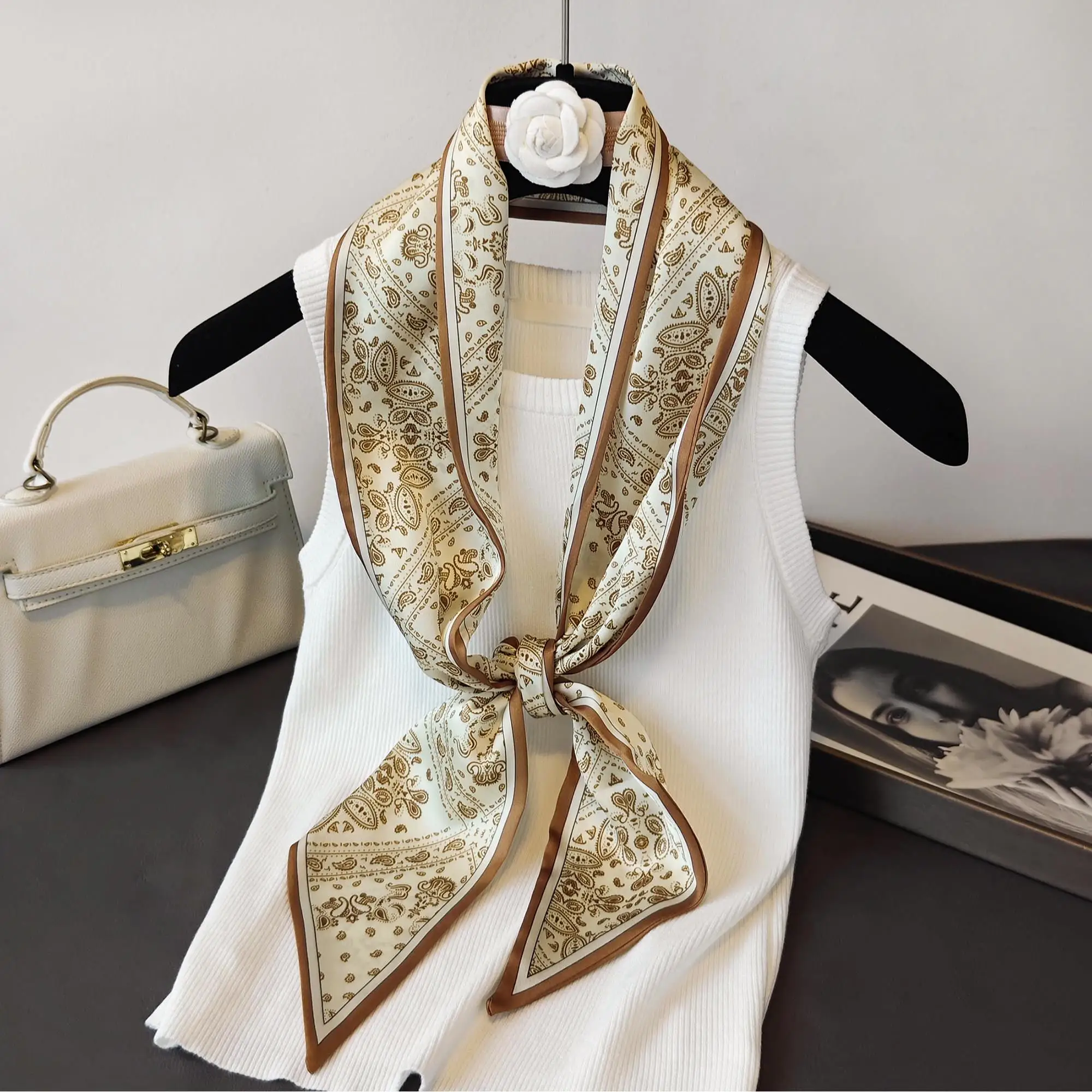 Khaki Cashew Long Silk Scarf Necktie Women 2026 New Shirt High Sense Waist Belt Decorative Jeans Spring Autumn Season
