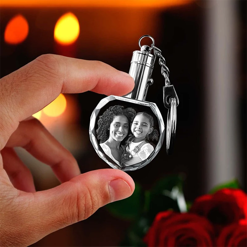 Custom Photo Keychain Personalized 3D Crystal Keychains with Picture, Crystal Key Chain Gifts for for Father Mother Men Women