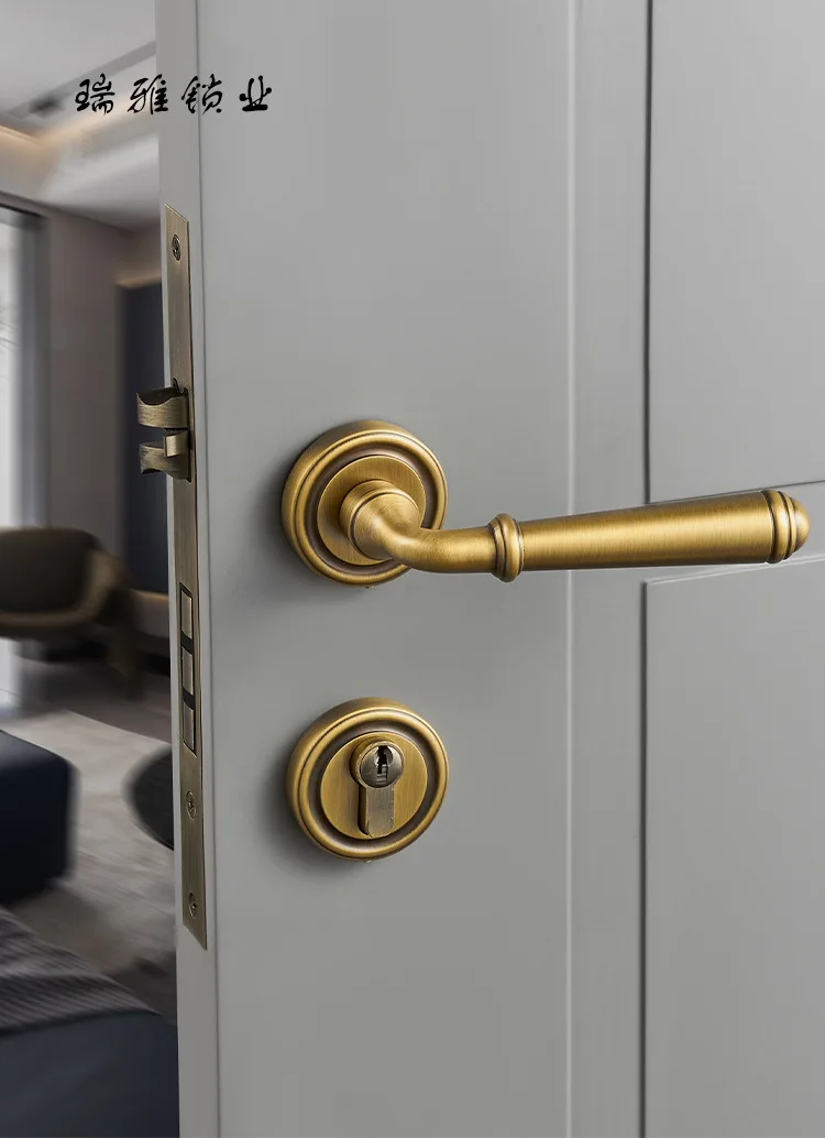 Pure copper bedroom door lock, brass solid door handle, magnetic suction, silent modern minimalist French retro split door lock