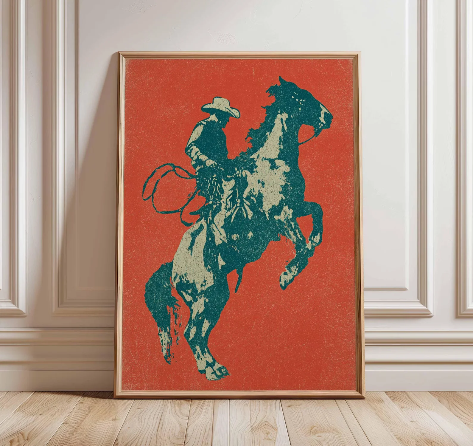 Cowboy Poster, Western Wall Art, Rustic Horse Rider Print, Vintage Rodeo Decor, Bold Red Minimal Design, Americana Country Artwo