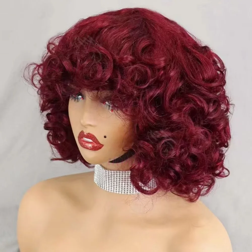 99J Burgunder Fumi Lockige Bob-Perücke, Federnde Pixie-Cut-Perücke mit Highlights, Vollmaschinell Gefertigte Eierlocken, Lockige Echthaar-Perücken für Frauen mit Pony – Detail 2
