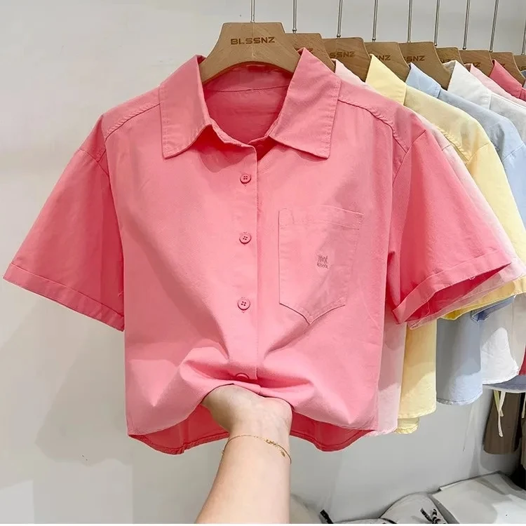 여름 코튼 반팔 탑 여성 2025 새로운 폴로 칼라 짧은 셔츠 수 놓은 느슨한 캐주얼 블라우스