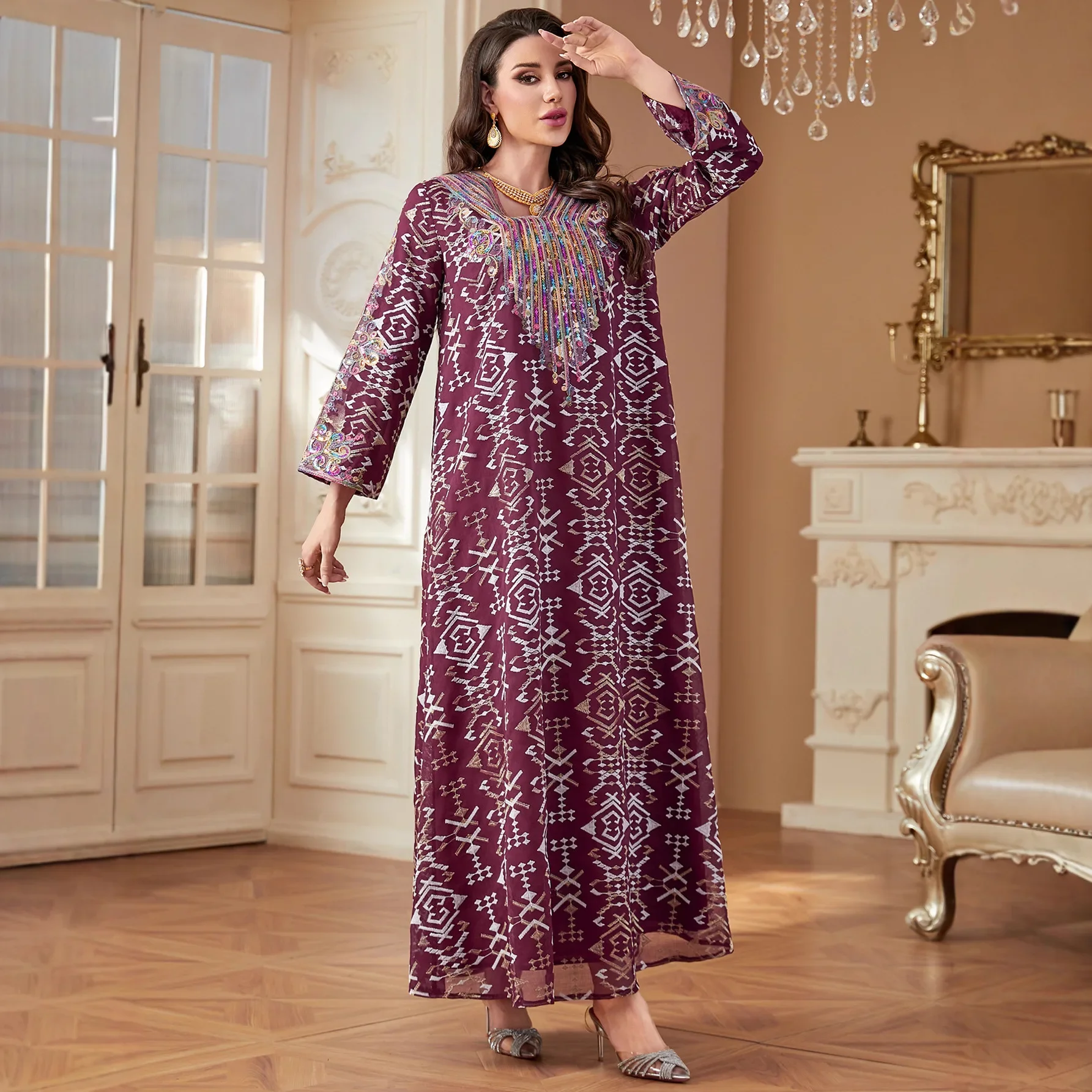 ชุดเดรสอาบายะสำหรับงานปาร์ตี้ของผู้หญิงมุสลิม จาลาบียะ ดูไบ เวสติโดส ลาร์โก รอมฎอน ปักลายโมร็อกโก ชุดคลุมละหมาด คาฟตัน อบายา 2026