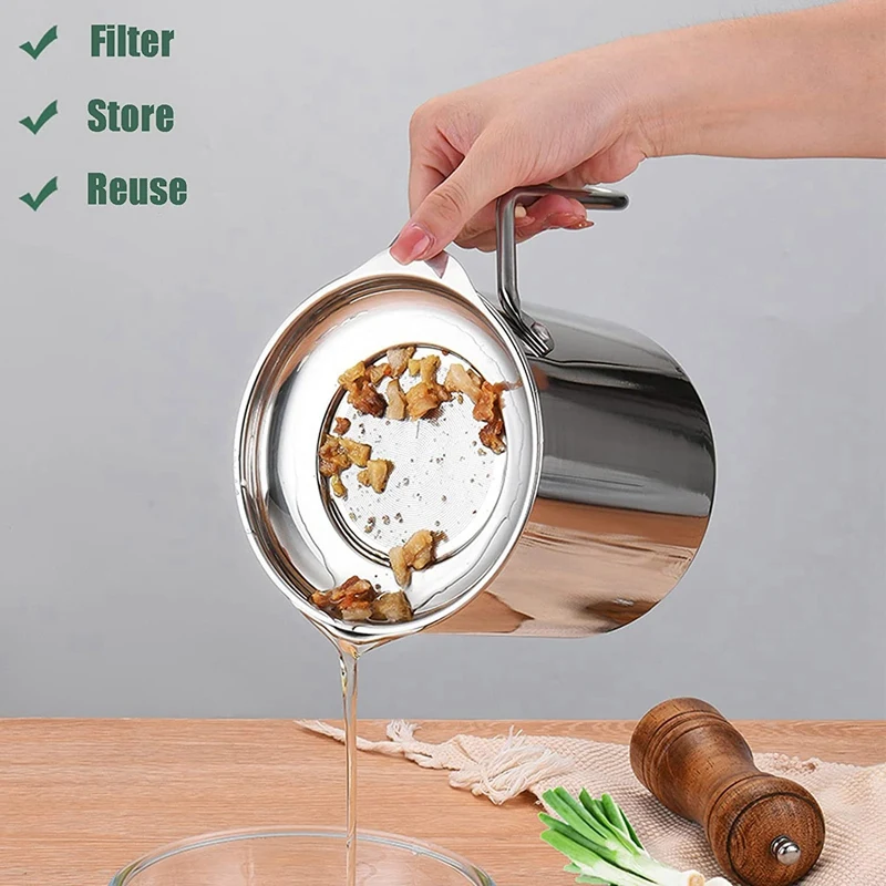 Hot Bacon Grease Container With Strainer, Stainless Steel Oil Strainer Pot Oil Storage Can With Dust-Proof Lid And Plate