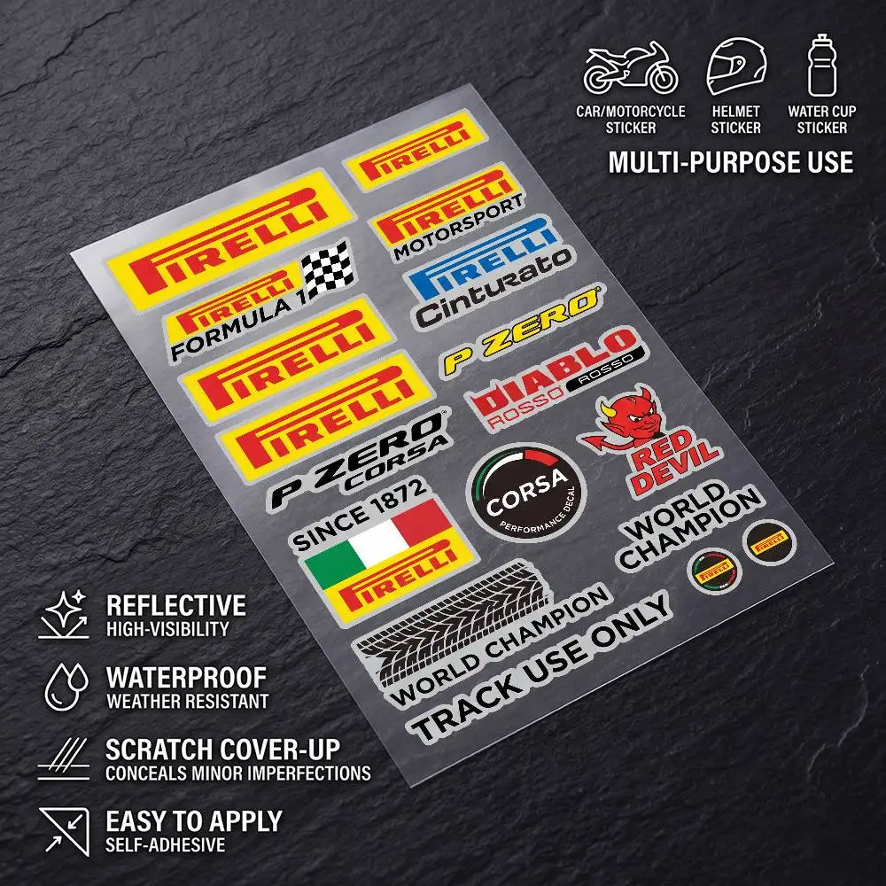 Pegatina reflectante impermeable de larga duración PIRELLI, pegatinas para ocultar arañazos, aptas para motocicletas, coches, cascos, refrigeradores