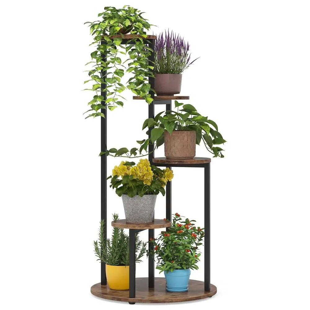 

5Tier Corner Plant Stand, Free Standing Wood Metal Flower Rack Pot Shelf Display with Round Board, Garden Patio Balcony Plant H