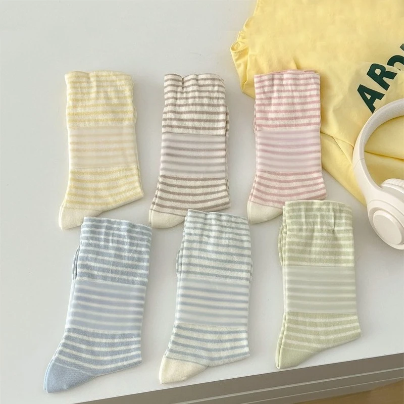 6 أزواج الربيع شفاء مخطط كريم الملونة المرأة منتصف جوارب أنبوبية عادية مريحة تنوعا تنفس الجوارب النسائية 2026