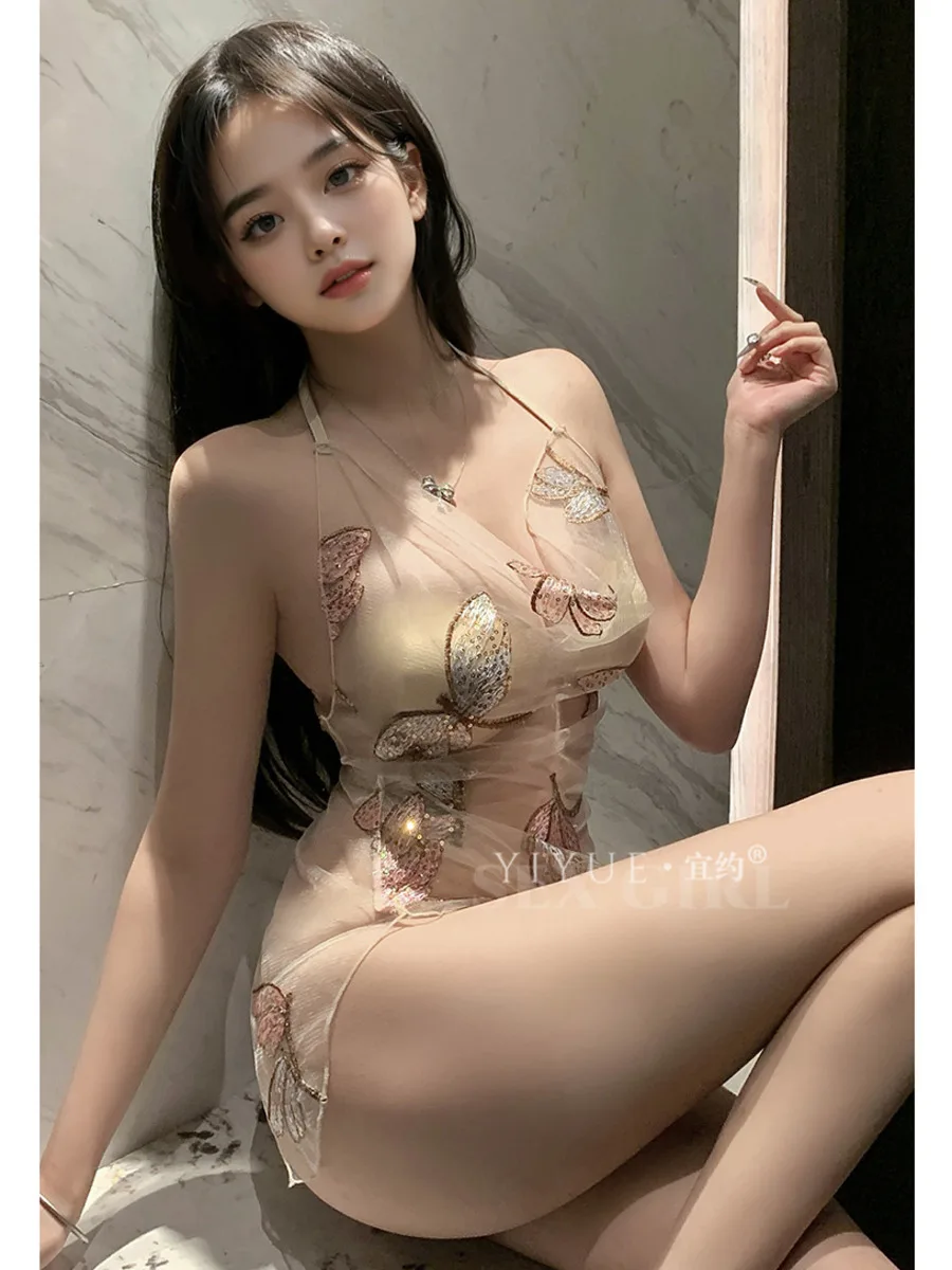 Sexy Pure Desire Transparent Embroidery Pajamas Uniform Temptation Dress Elegant Mesh Lace Sheer Sweet Women Tank Mini Dress RL7