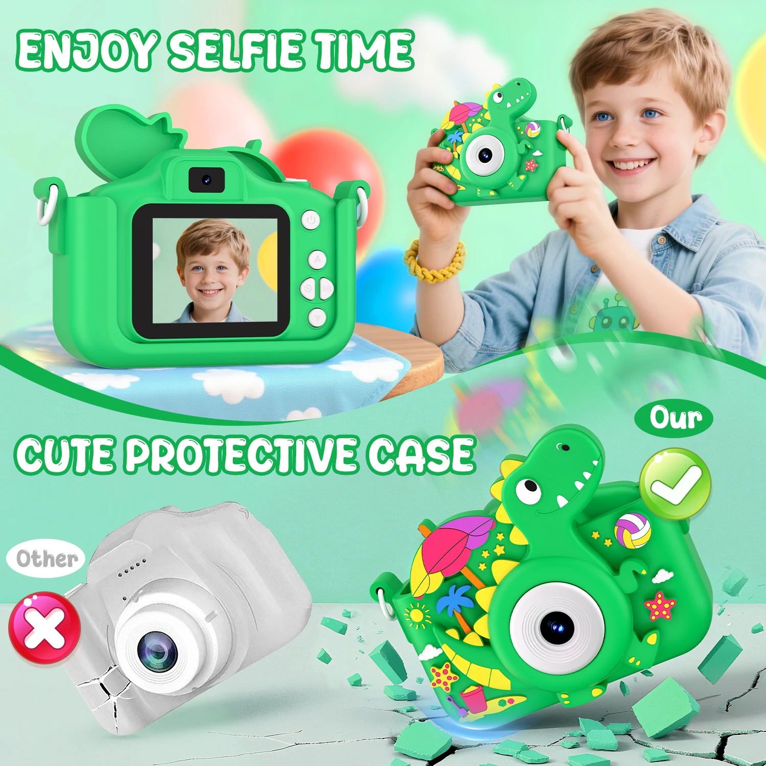 子供用恐竜ミニカメラおもちゃ 1080P HD ブロギング写真カメラ 32GBカード付き クリスマス誕生日プレゼント