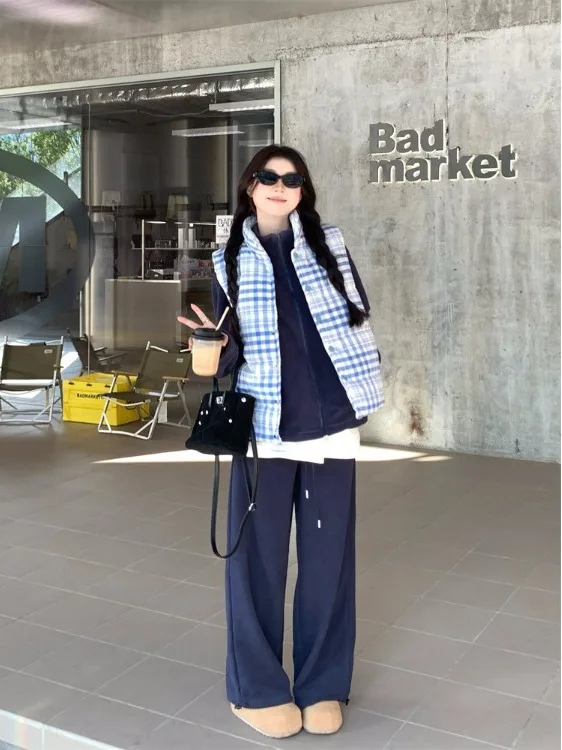 

plus Size Casual Plaid Fleece Jacket Wide Leg Pants Set Autumn Winter New Style High Waist Long Sleeve Korean Fashion Ensemble
