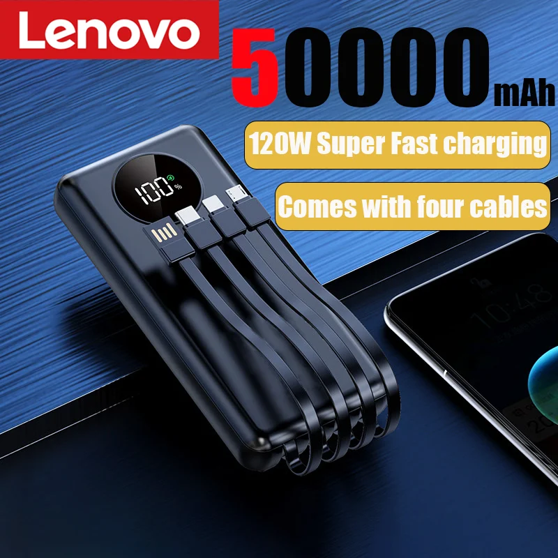 Lenovo 50000mAh Power Bank Super Fast Charge 4-in-1 Portable Fast Charger for iPhone Samsung External Replacement Battery New