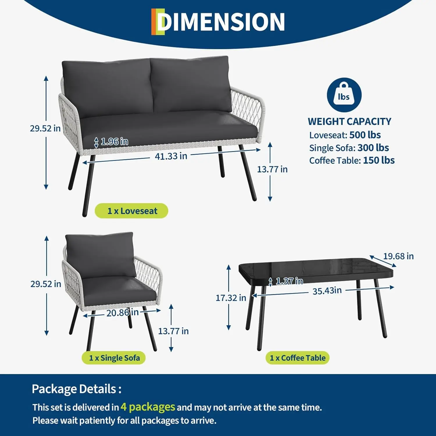 

Patio Furniture Set, 2 PE Wicker Chairs with loveseat & Glass Top Coffee Table, Outdoor Couch Set with 5mm Cushions for Balcony,