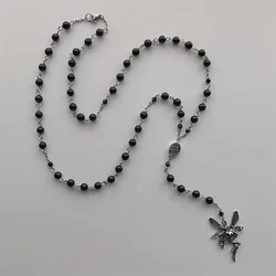 Rosary inspired necklace made with fairy pewter charm hand-linked with black gemstone beads stainless steel lobster clasp