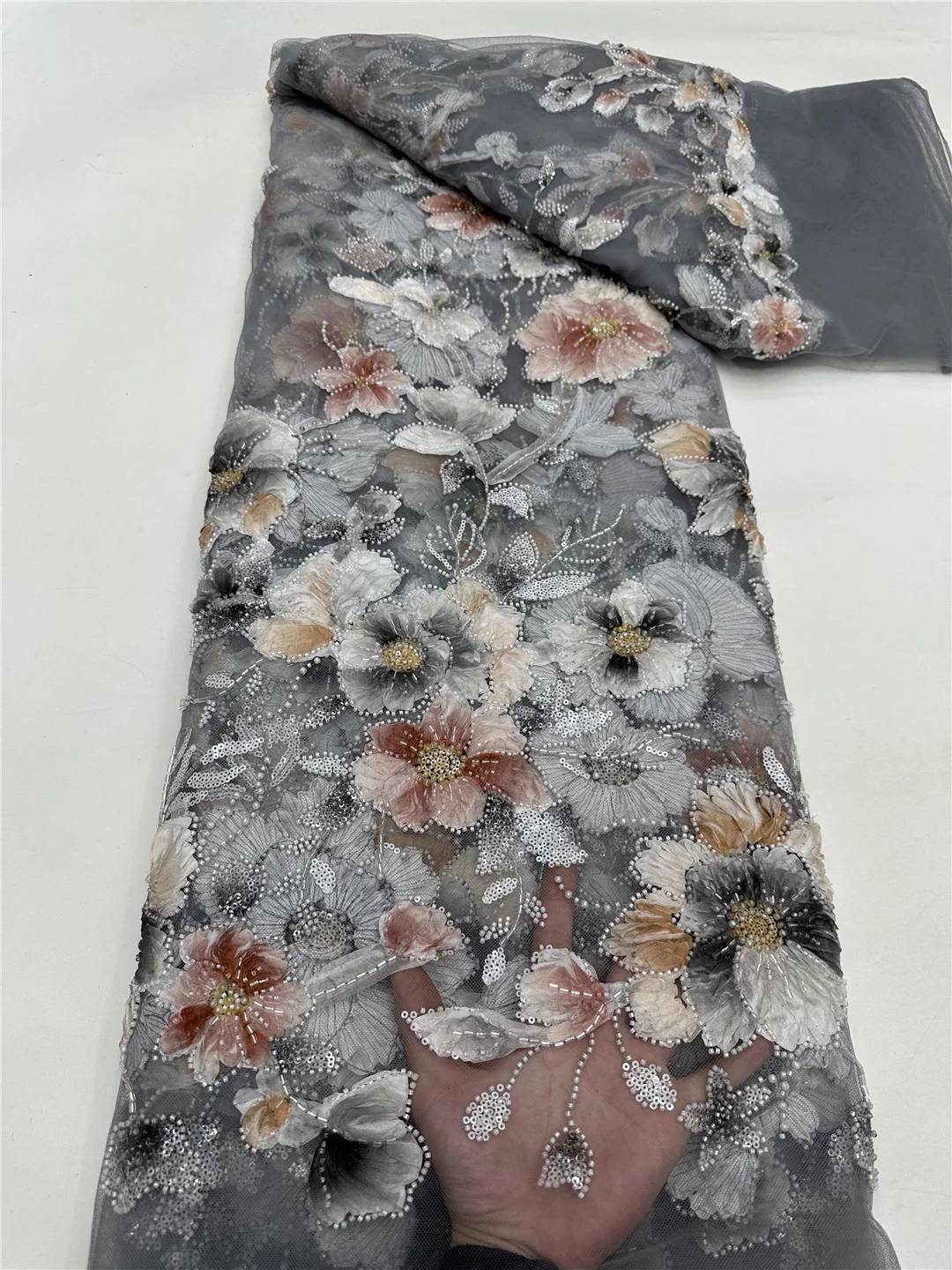 5 Yards Luxury African Lace Tulle Fabric French 3D Flower Embroidered Applique Sequins Fabrics For Party Sewing Material -RF