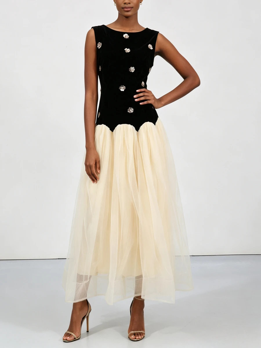 VGH Black Loose Spliced 3D Flowers Chic Dresses for Women O Neck Sleeveless Gentle Intellectual Dress Female Summer Fashion New
