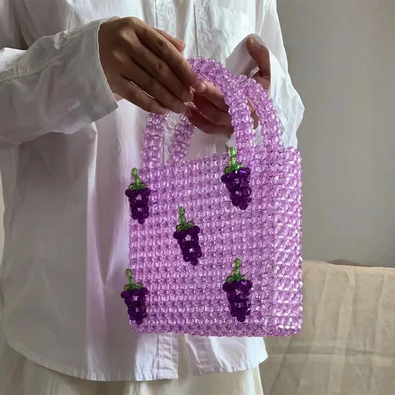 2023 Grape Purple Beaded Bag Women's Fashion INS Simple Versatile Fruit Design Shoulder Bags Handwoven Acrylic New In Handbag