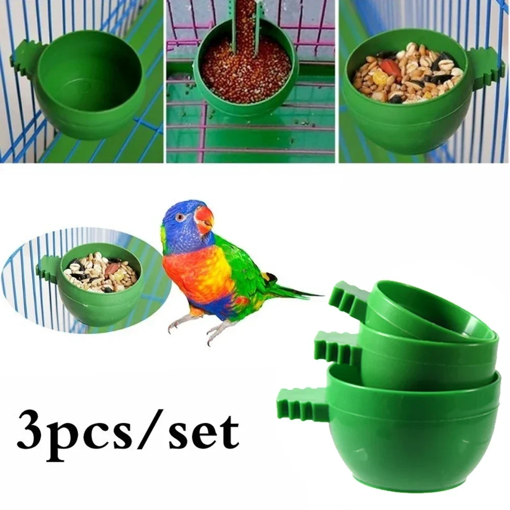 3Pcs/set Hot Sell Parrot Bird Hamster Feed Bowl Cage Hanging Round Drinking Food Feeder Plastic Water Cup Bowl Feeding Bowl Tool