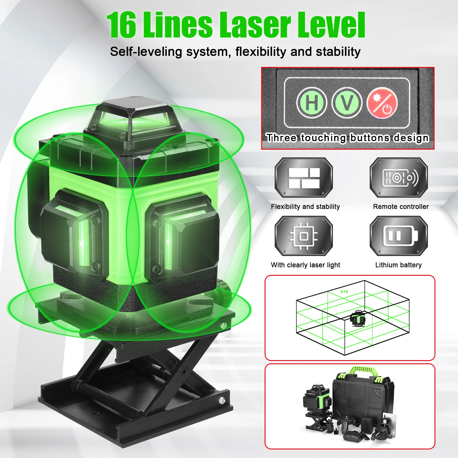 16 Lines Laser Level 3° Self-leveling Machine Rechargeable 2 Battery Leveling Tool 360 Vertical Horizontal Home Improvement Tool