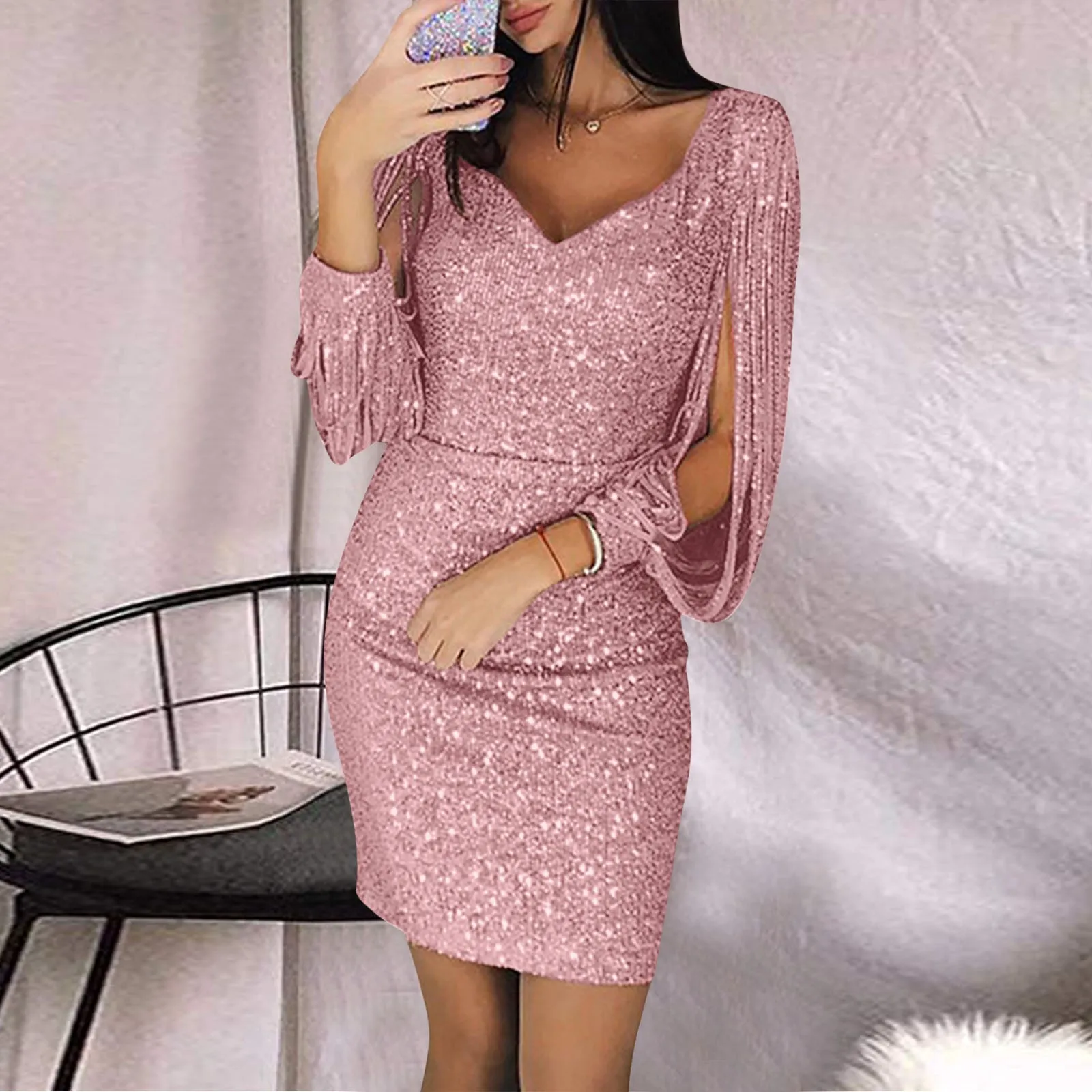 Sexy Women Evening Party Solid Dresses Sequined Stitching Shining Club Sheath Long Sleeved Mini Sexy Dress Women Casual