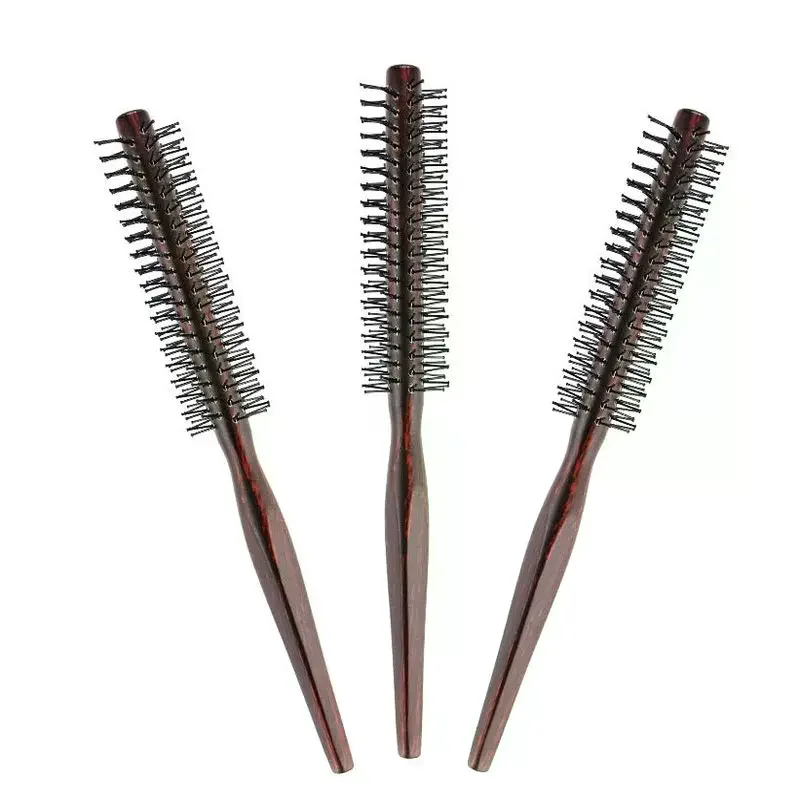 Mini Round Nylon Hair Brush Curly Hair Styling Roller Comb Wooden Handle For Thin Short Hair Men Women