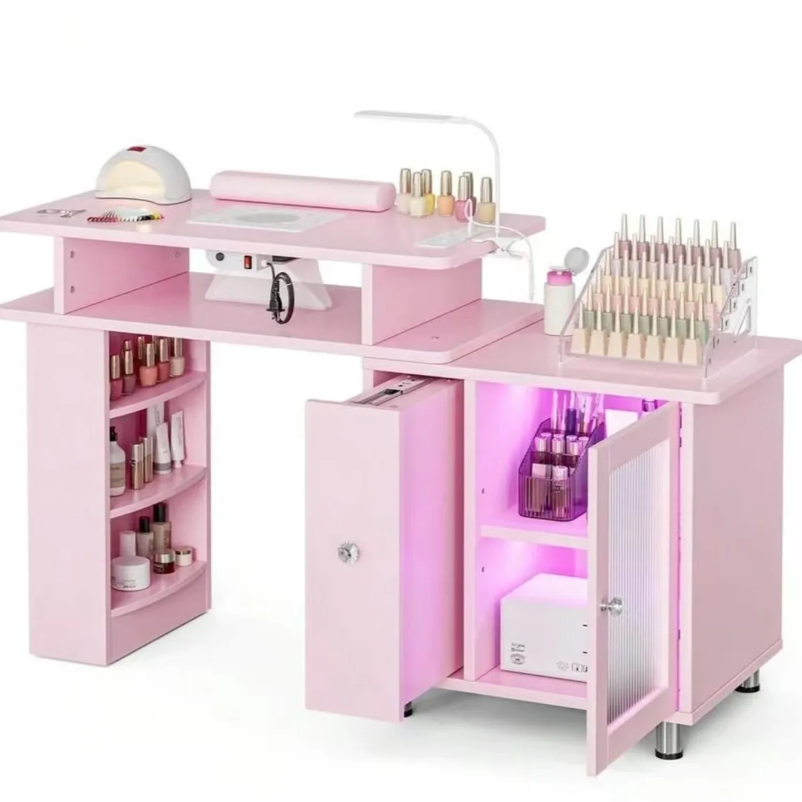 Nail art table with dust collector, removable acrylic, glass cabinet door