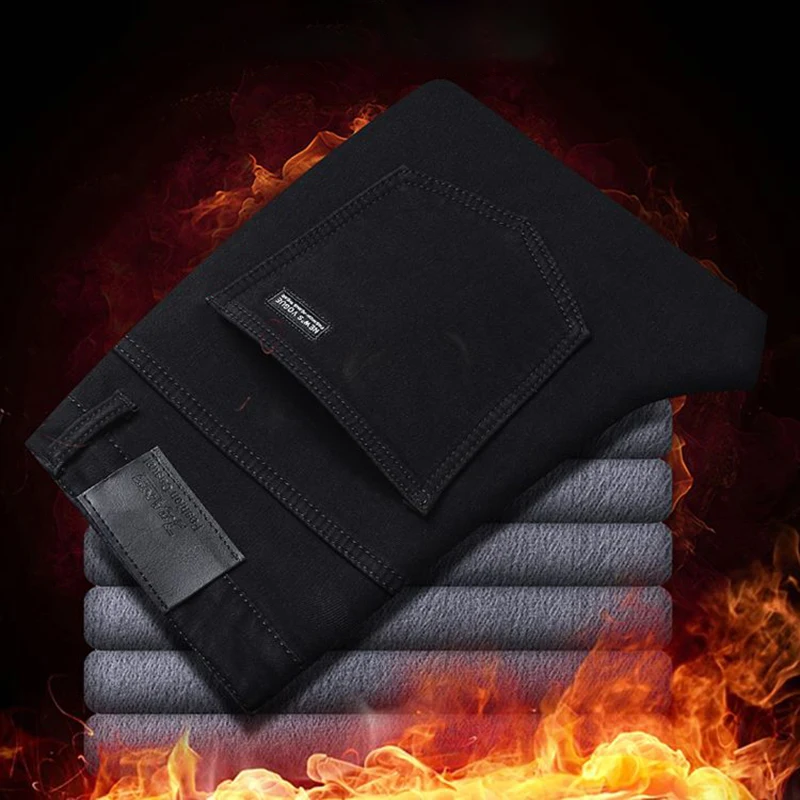 

Men Winter Fleece Lined Thickened Jeans Male Warm Loose Straight Denim Pants Elasticity Casual Versatile Black Trousers