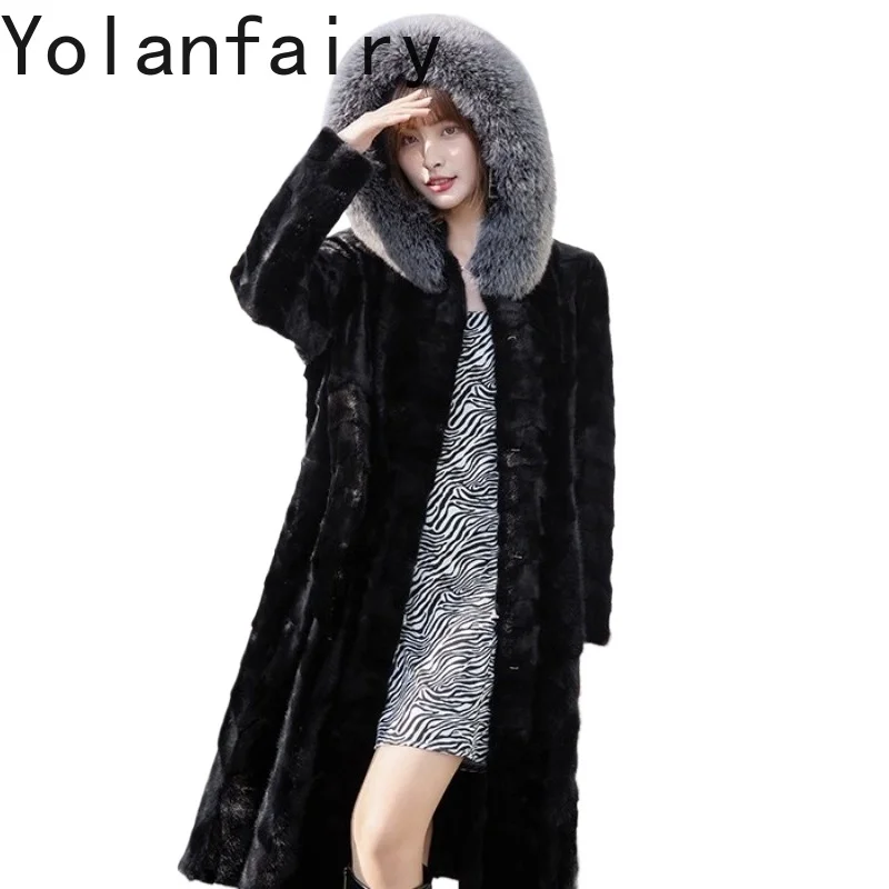 YOLANFAIRY High Quality Splicing Mink Real Fur Coat Woman Winter 2025 Mid-long Hooded Fur Jacket Mink Black Fur Coats Fox Collar