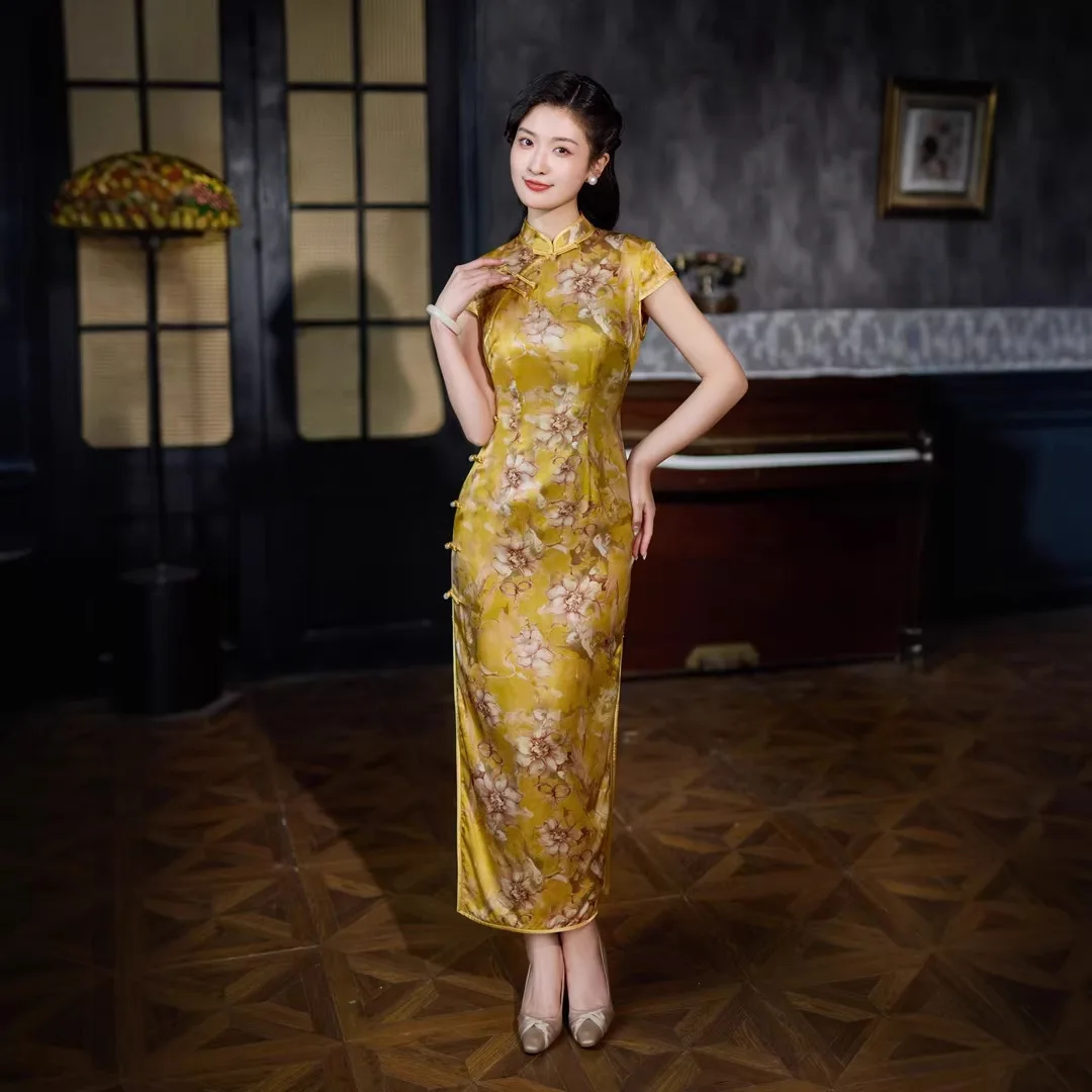 

Silk Chinese Floral Traditional Vintage Modern Cheongsam Qipao Improved Young High-Grade Golden Yellow Long Retro Dress