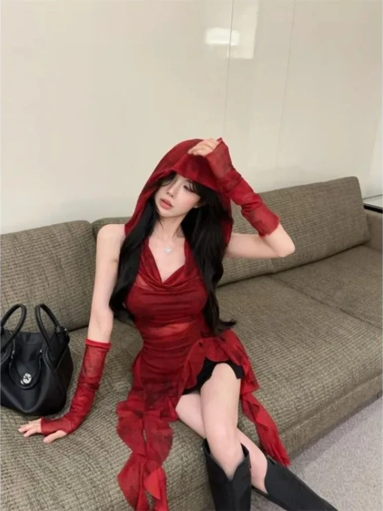 Y2k الكشكشة المرقعة هوديي سترة تي شيرت للنساء خمر الأحمر قاع القمم Mujer مثير غير النظامية سليم صالح