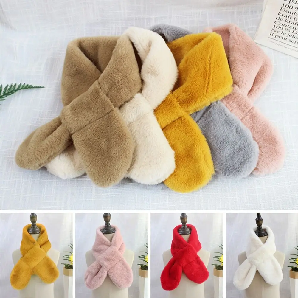 Winter Warm Solid Color Cross Scarf Faux Rabbit Fur Plush Thicken Neckerchief Wrap Neck Scarf Girls