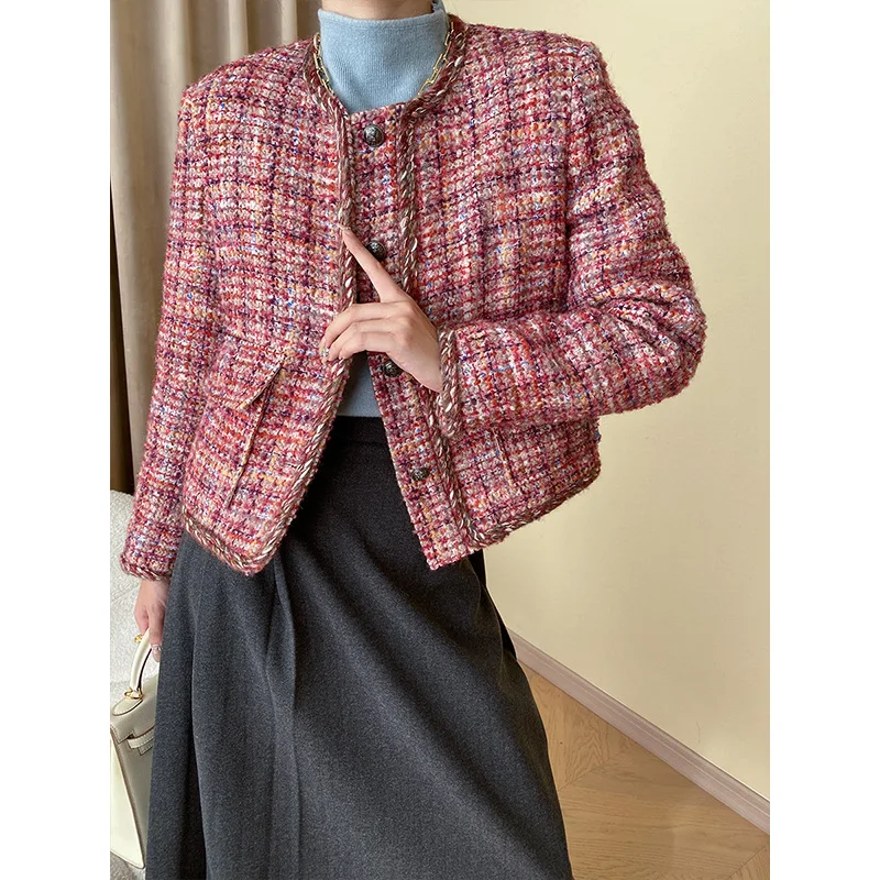 

French Pink Plaid Small Fragrant Tweed Short Coat Crewneck Long Sleeve Elegant Casual Fashion Korea Women Jacket Autumn Winter