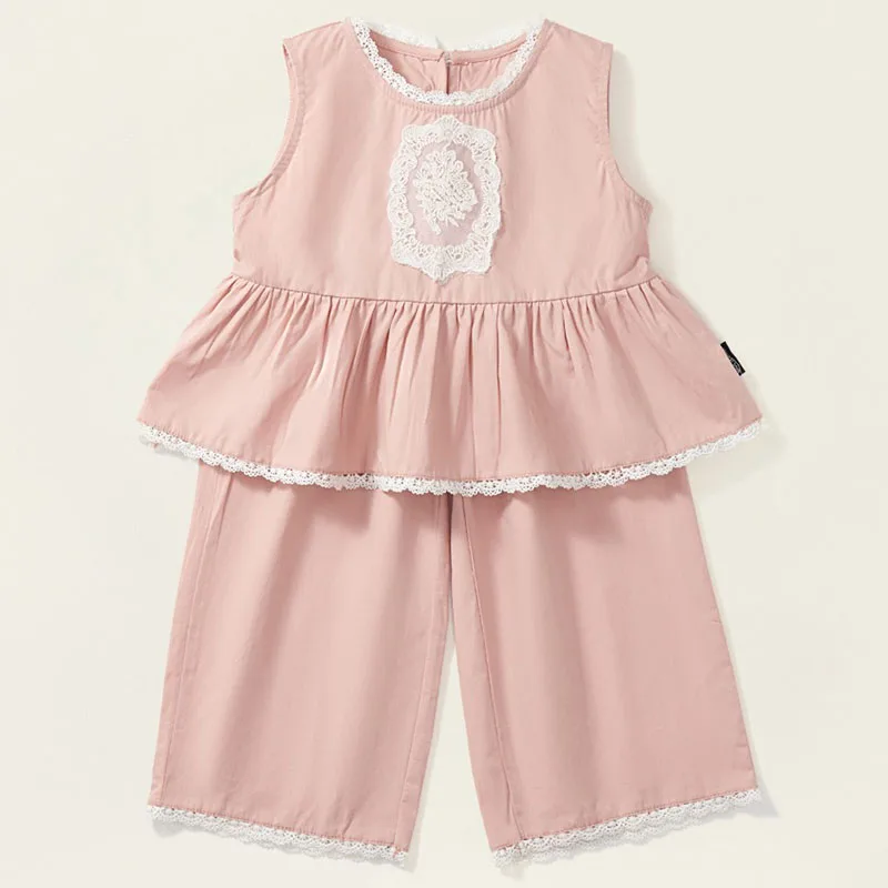 

2Piece Sets Summer Toddler Girl Clothes Korean Fashion Lace Cotton Sleeveless Pink Baby Tops+Pants Boutique Kids Clothing B062