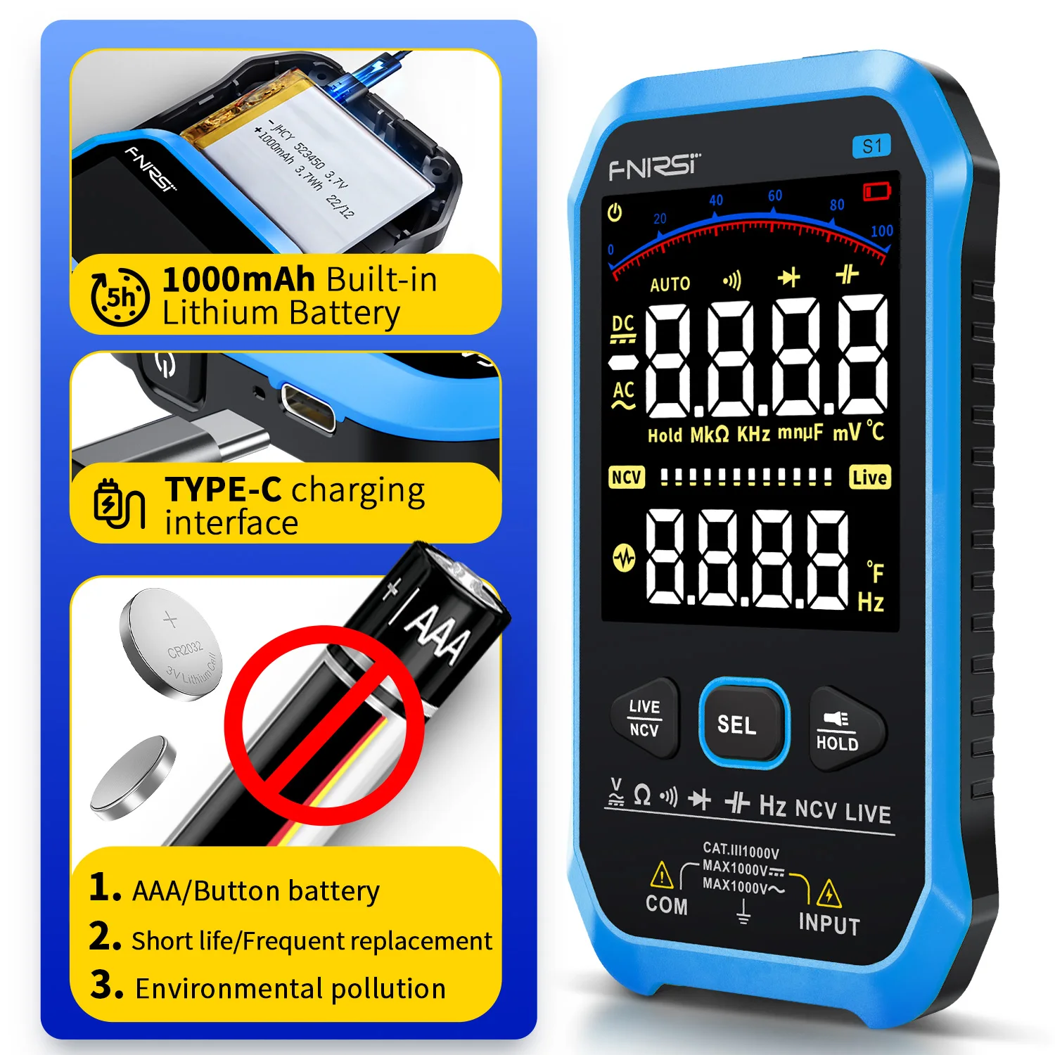 S1 Digital Voltage and Current Tester 9999 Counts True RMS AC DC Auto Range Resistance Capacitance Diode NCV Hz Live Wire