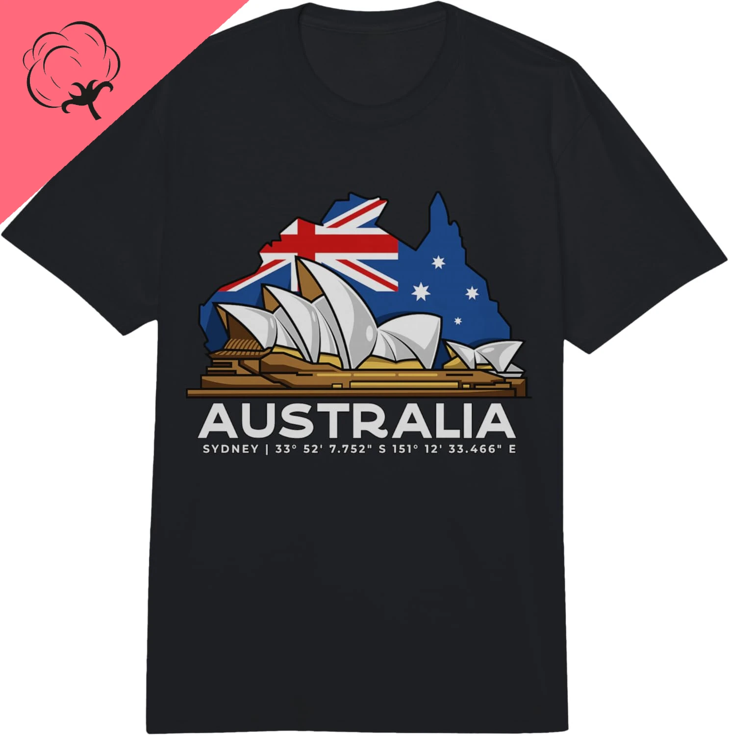 Australia Sydney GPS Coordinates Opera House Comfor Men and Women Short Sleeves Cotton Printed T-shirt Camiseta