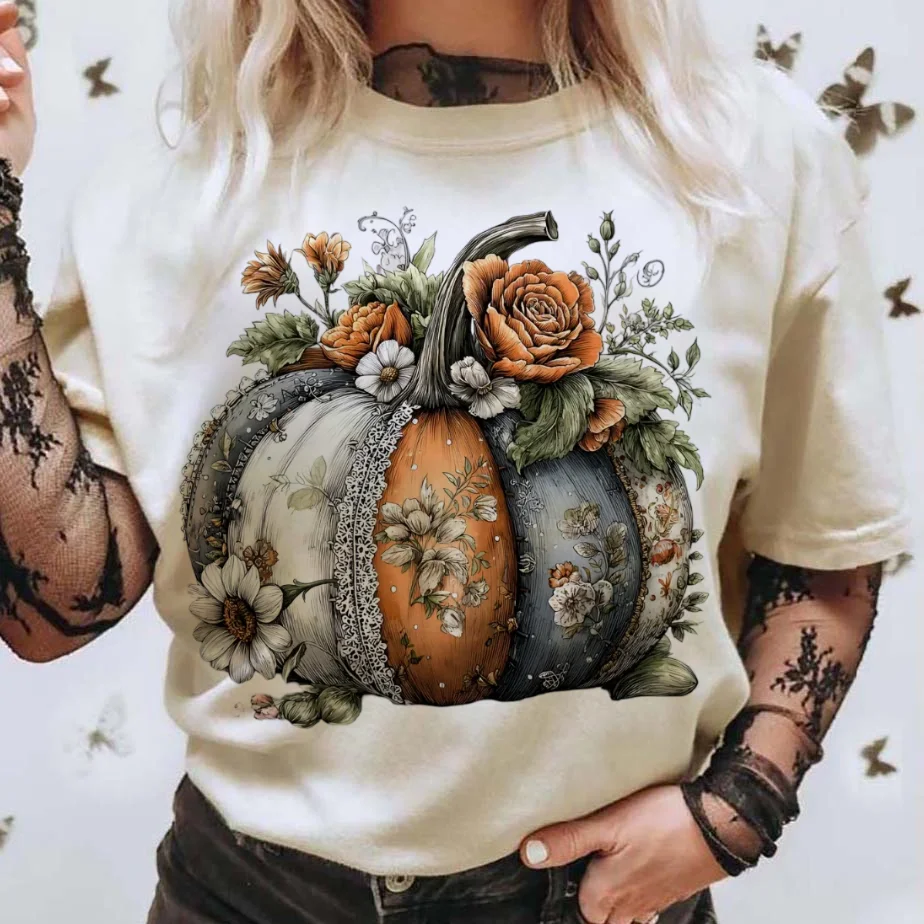 

Flower Pumpkin Pattern T-Shirt Summer Top Cute Women's Regular Short Sleeved Round Neck Style Street Fashion 90s Women's T-Shirt