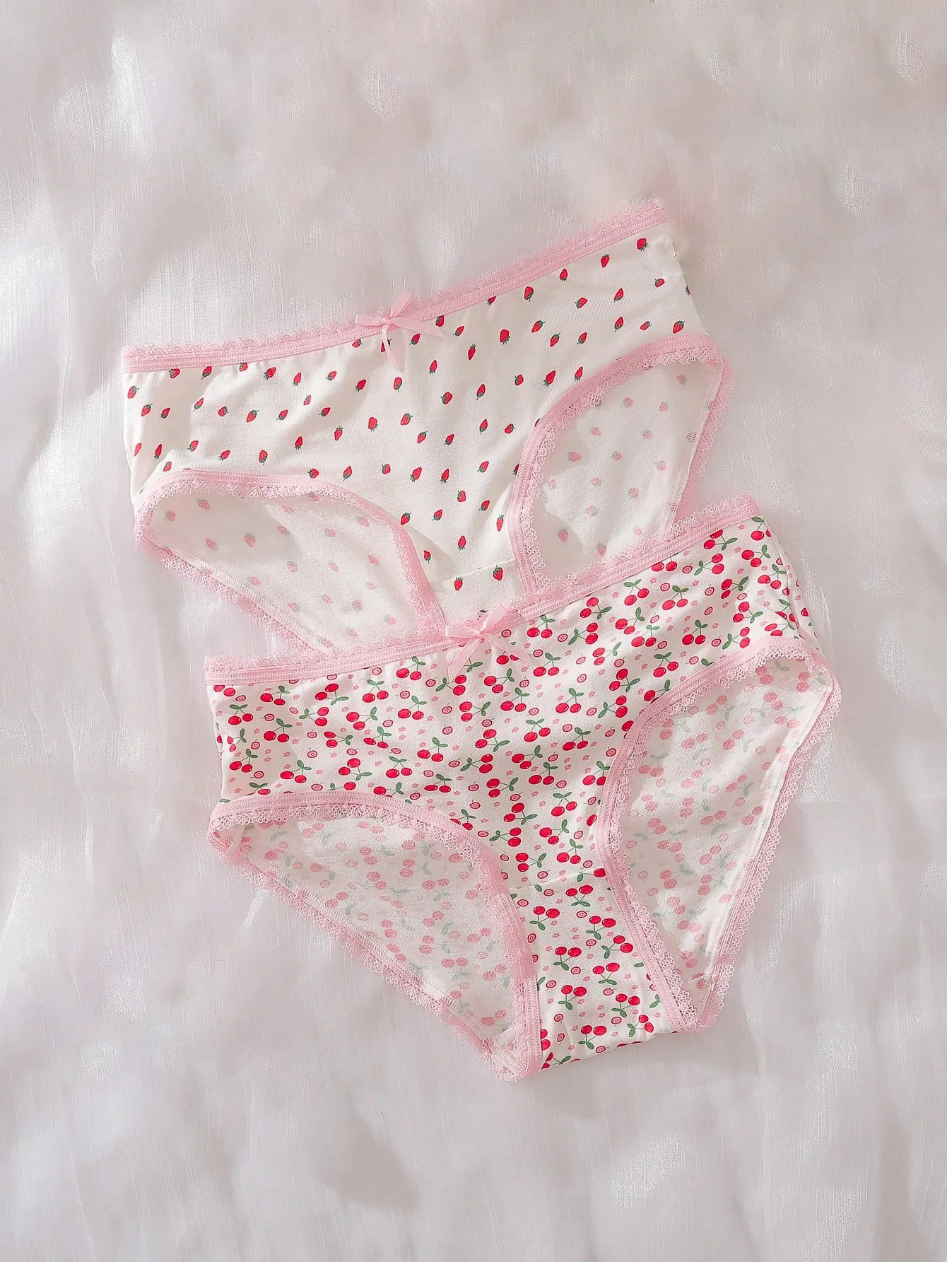 2 pairs of 8-12 years old strawberry cherry lace splicing cute bow girls' briefs comfortable breathable girls' briefs