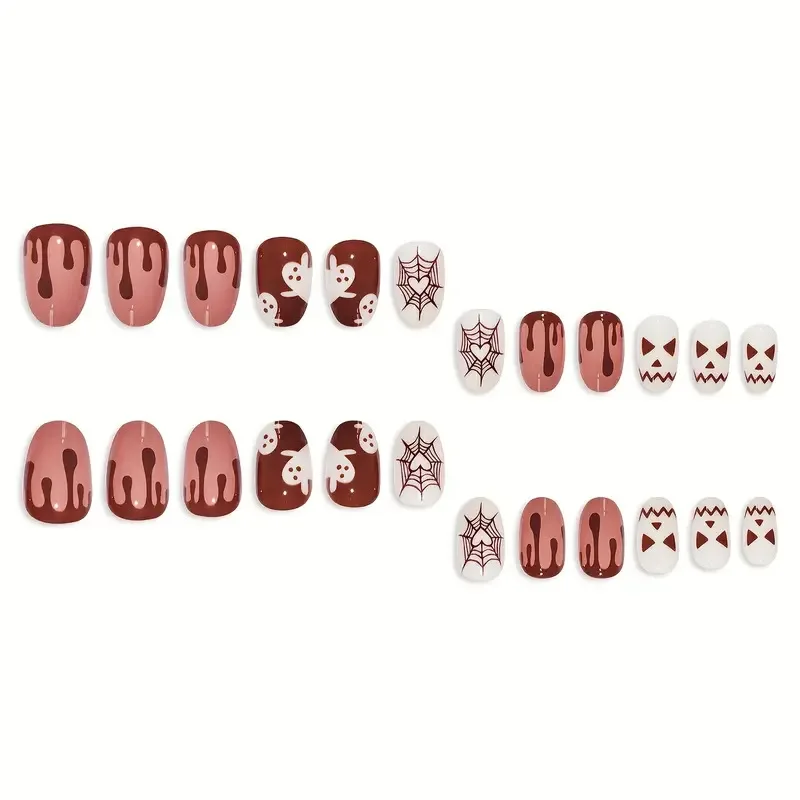 24pcs Short Almond False Nails White Brown Ghost Heart Spider Web Pattern Press On Nails Wearable Halloween Fake Nail For Party