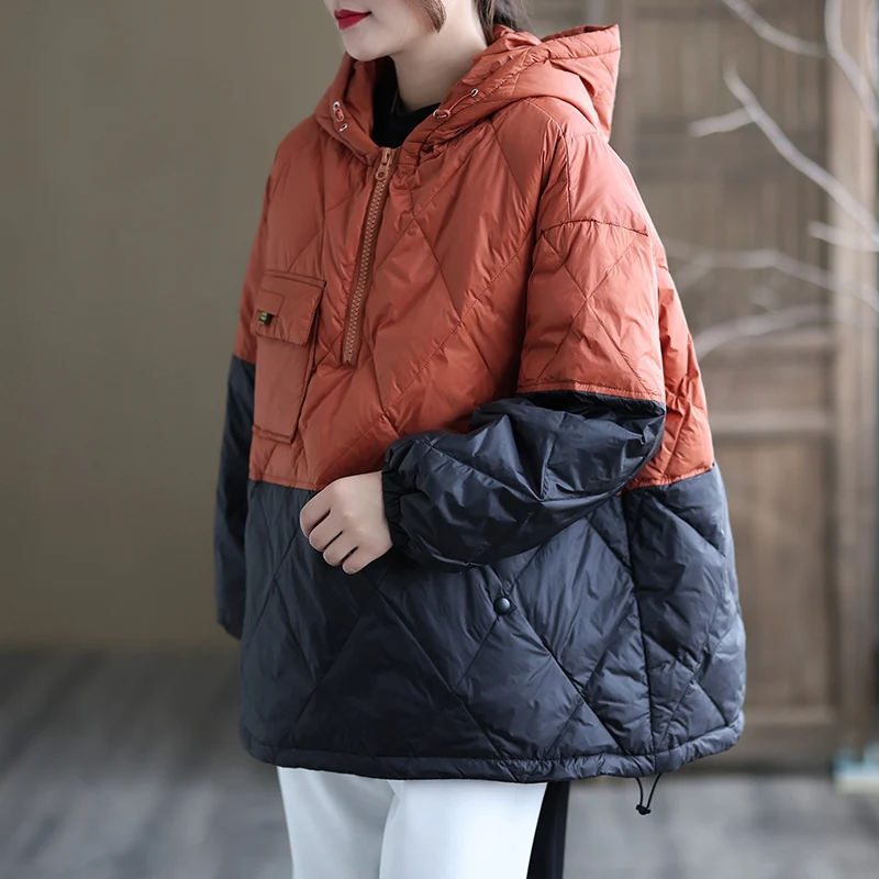 2022 New Autumn Winter Down Jacket Women\'s Lightweight Short Splicing Loose Hooded Pullover White Duck Down Warm Parkas